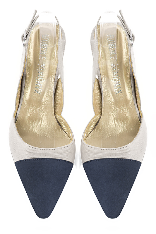 Navy blue and pearl grey women's slingback shoes. Tapered toe. High slim heel. Top view - Florence KOOIJMAN